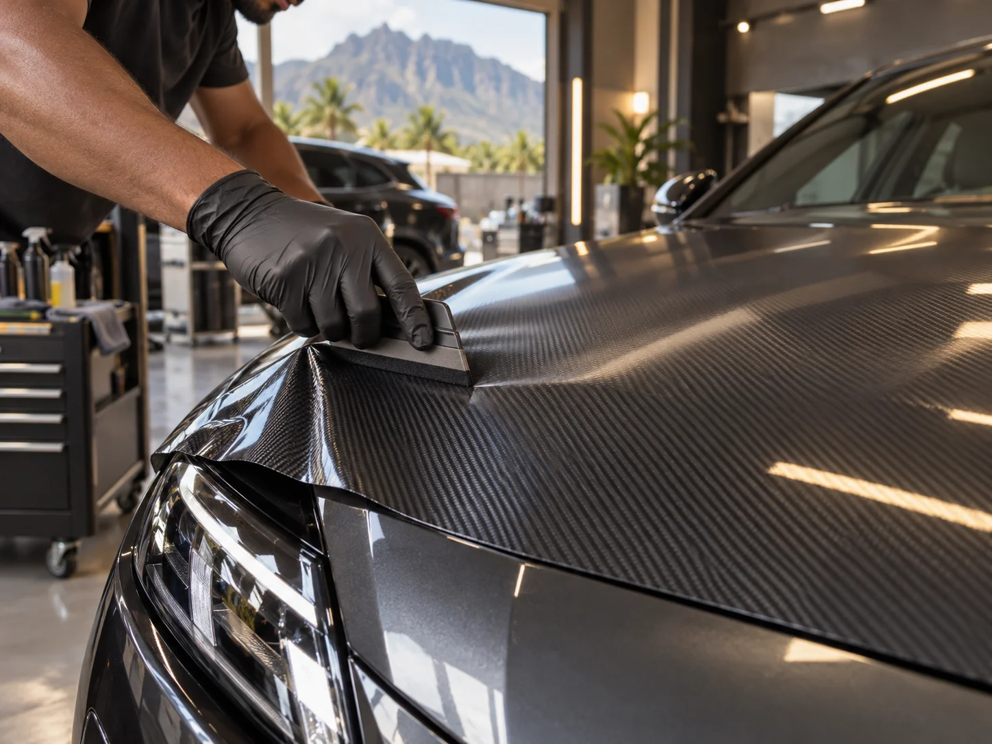 Application d’une finition carbone sur une carrosserie, photographie d’ambiance
