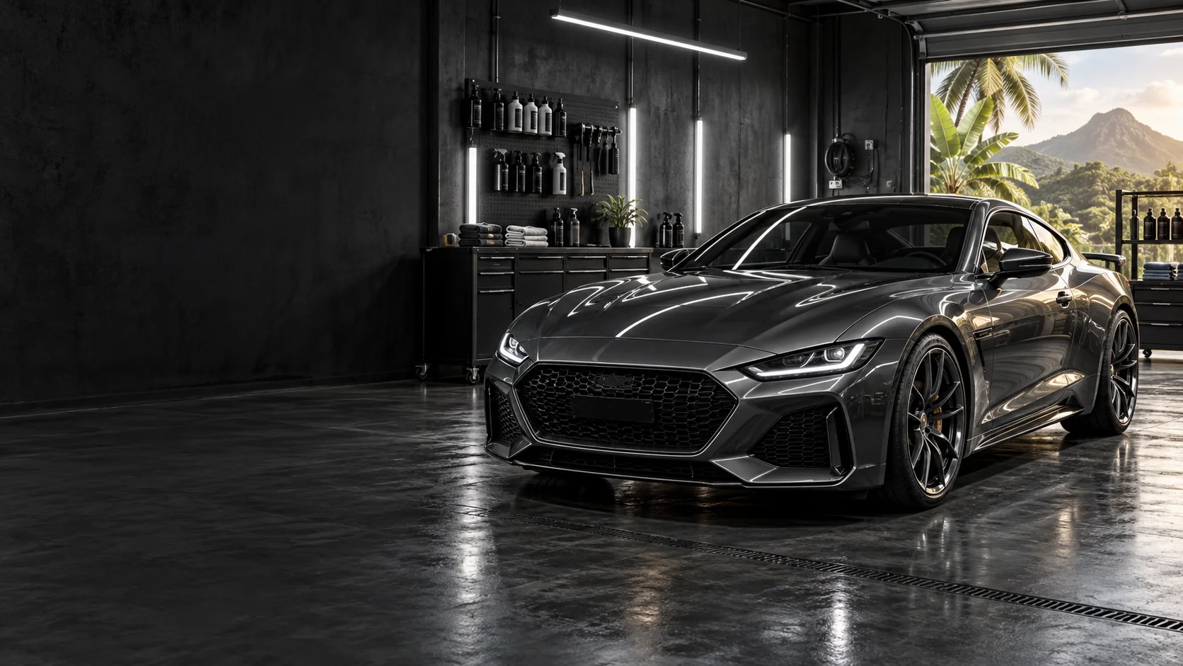 Voiture sportive graphite dans un atelier de personnalisation, photographie d’ambiance
